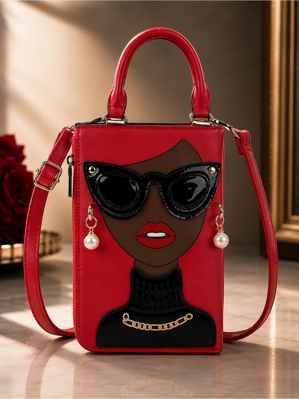 Red Novelty Face Handbag Crossbody Purse Sunglasses Pearl Detail Mini Bag